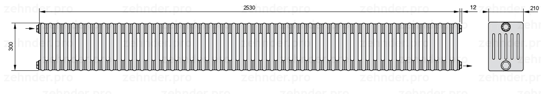 Схема (чертеж) Радиатор Zehnder Charleston 6030/55 №1670 Белый глянцевый RAL 9016